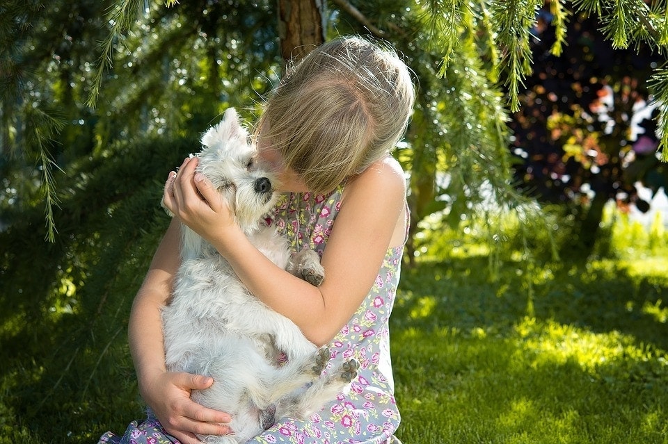 dívka objímá psa